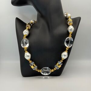José & María Barrera Statement Necklace, Clear Lucite & Faux Pearl, Gold Plated